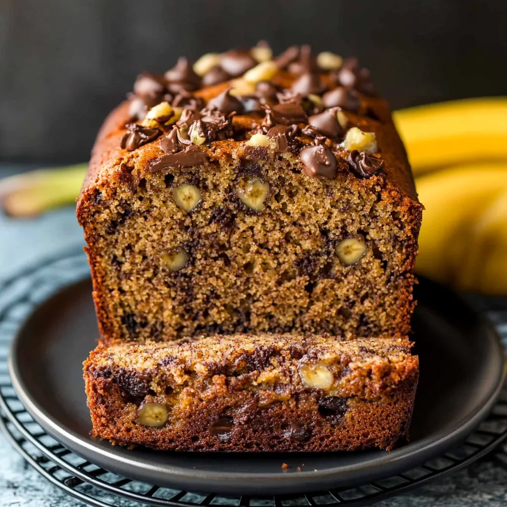 A freshly baked loaf of super moist banana bread, golden brown and topped with chopped nuts, sitting on a wooden cutting board.