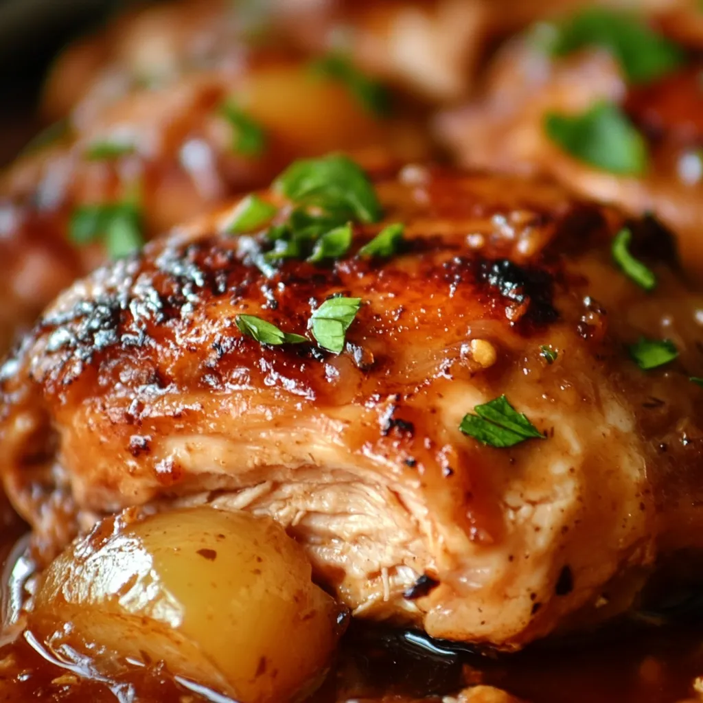 A plate of tender, shredded Sweet Baby Ray’s Crockpot Chicken served over white rice, garnished with fresh herbs and extra BBQ sauce.

