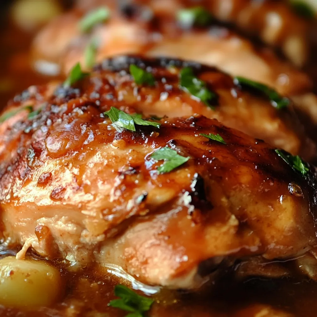 A plate of tender, shredded Sweet Baby Ray’s Crockpot Chicken served over white rice, garnished with fresh herbs and extra BBQ sauce.

