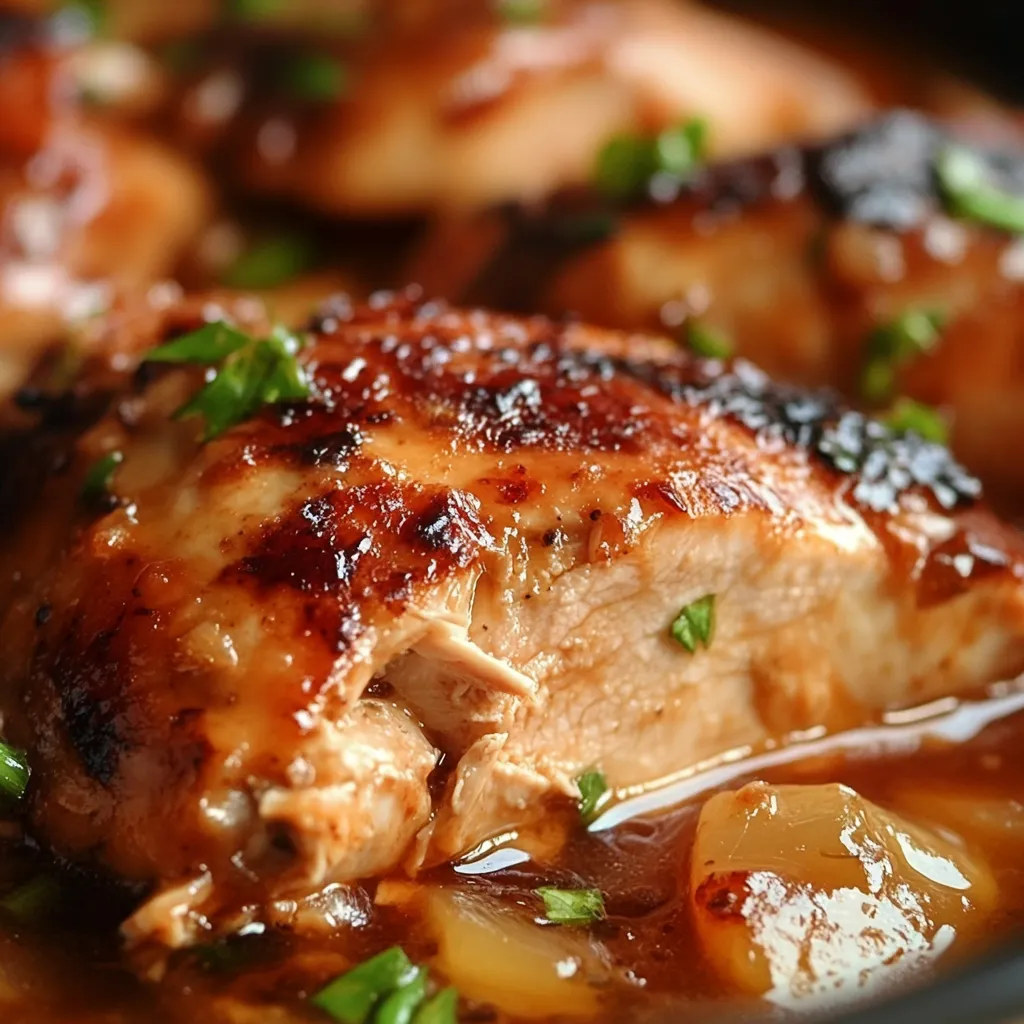 A plate of tender, shredded Sweet Baby Ray’s Crockpot Chicken served over white rice, garnished with fresh herbs and extra BBQ sauce.

