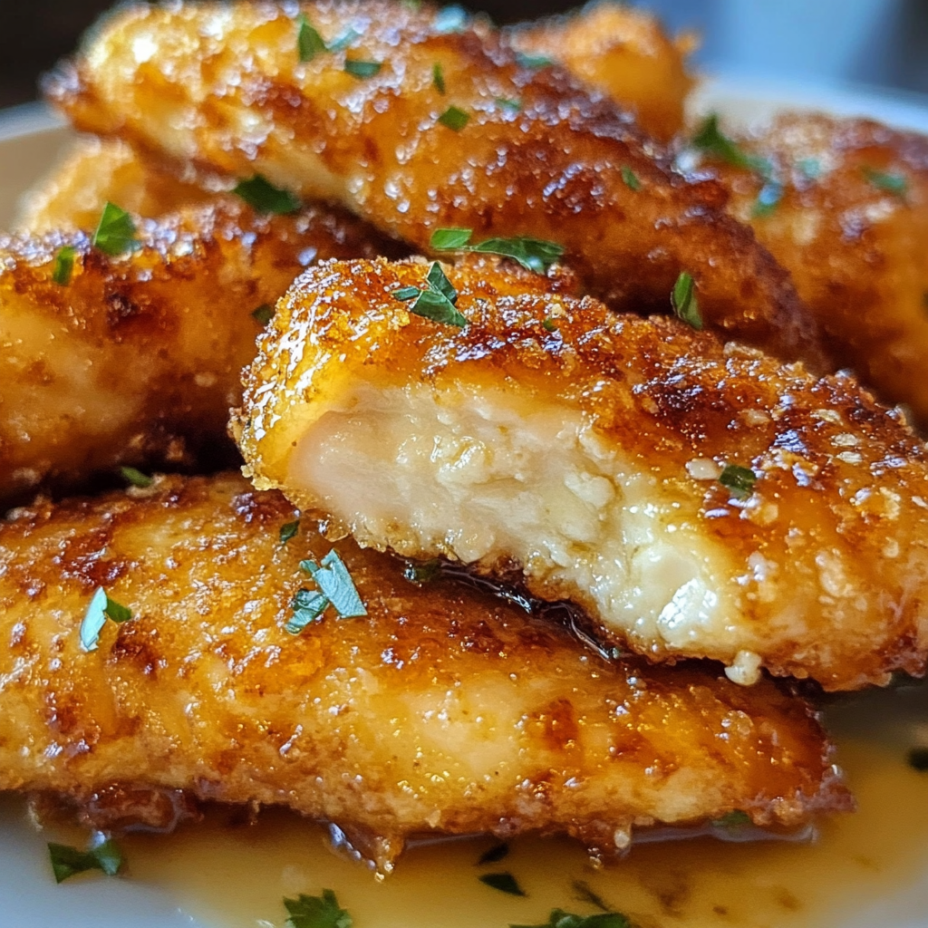 Crispy golden air fryer chicken tenders drizzled with honey butter garlic sauce.