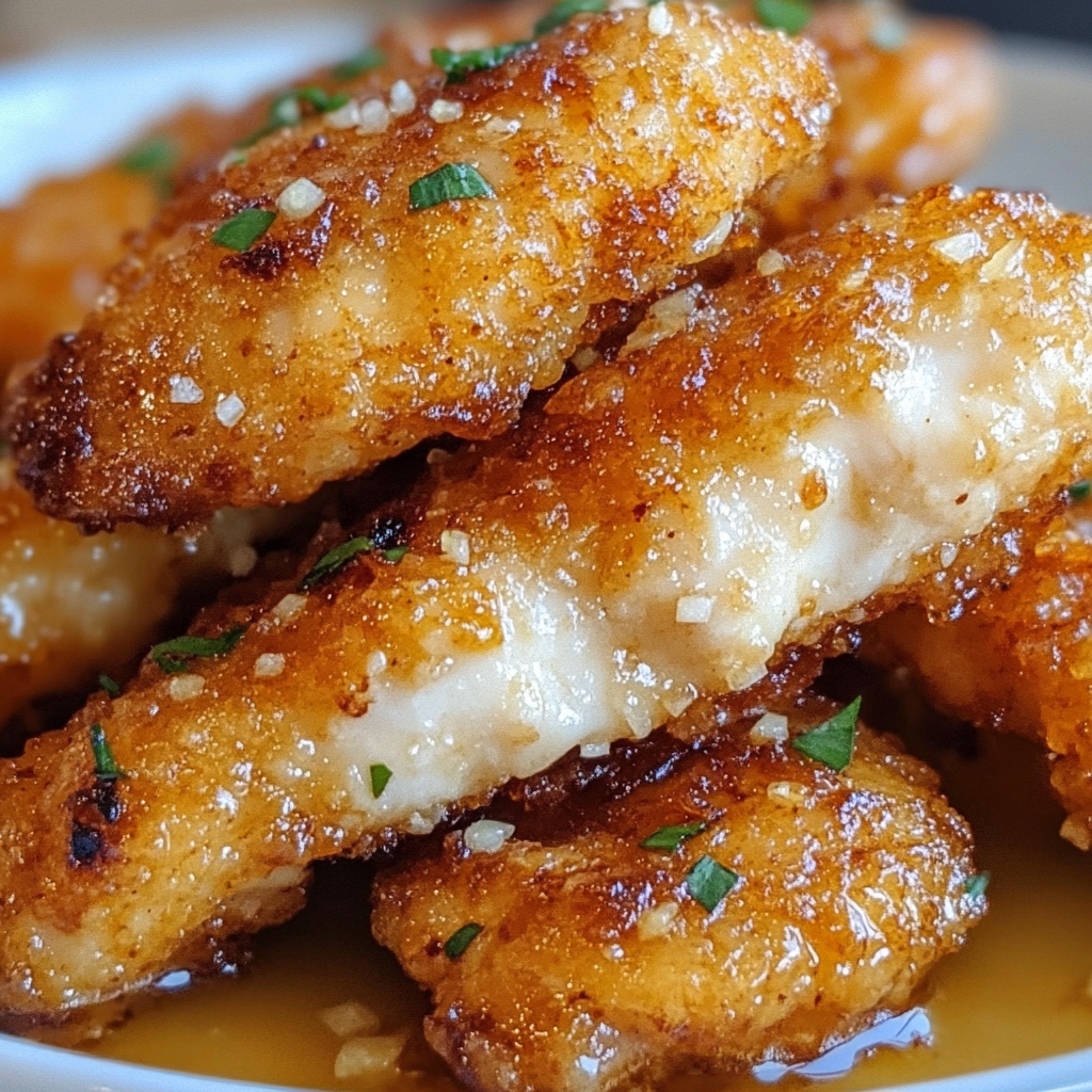 Crispy golden air fryer chicken tenders drizzled with honey butter garlic sauce.