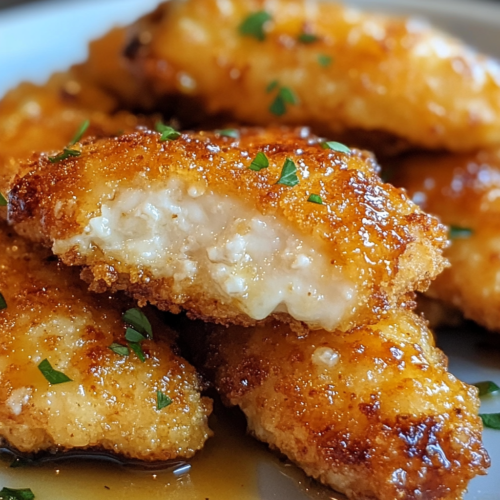 Crispy golden air fryer chicken tenders drizzled with honey butter garlic sauce.
