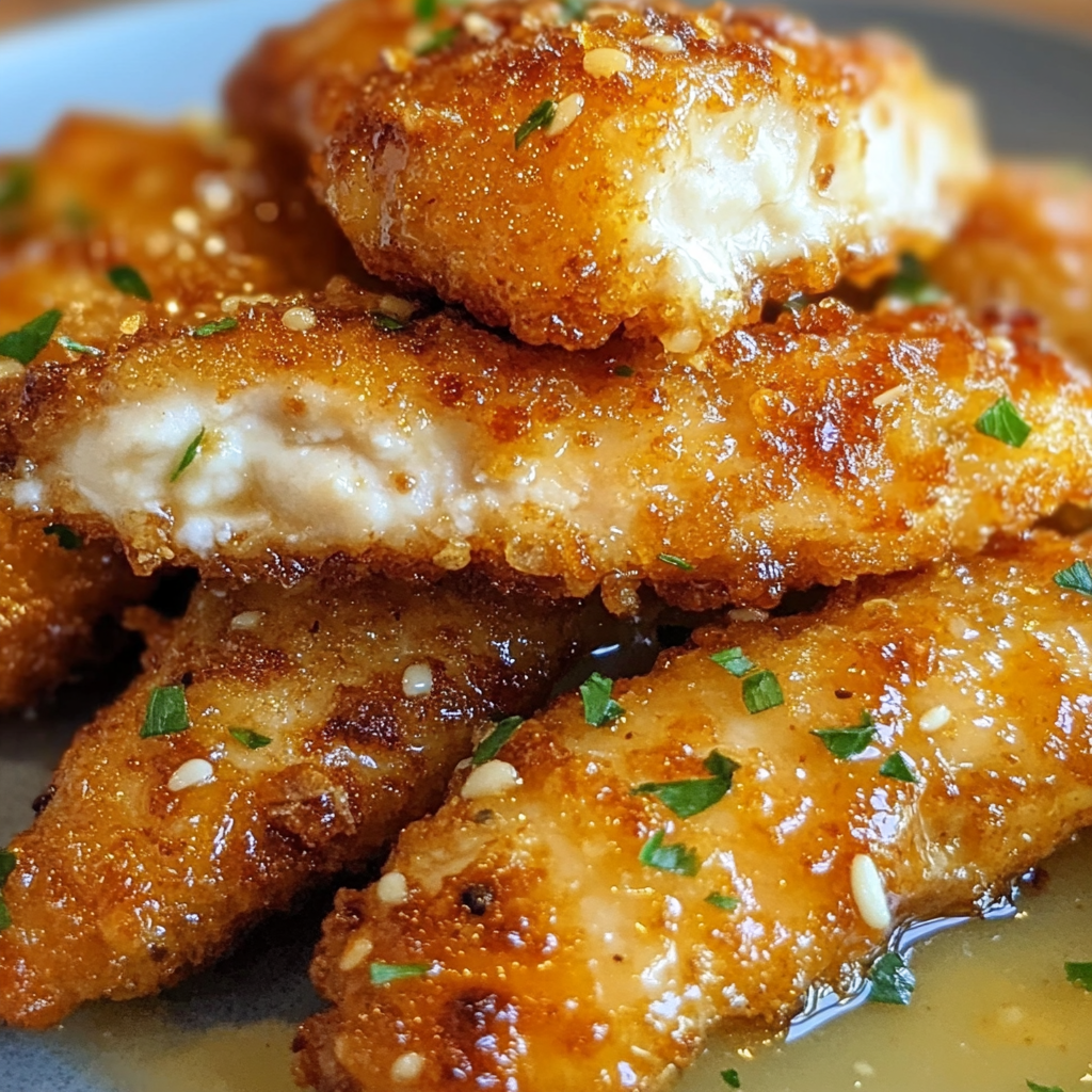 Crispy golden air fryer chicken tenders drizzled with honey butter garlic sauce.