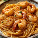 A plate of creamy garlic shrimp pasta with fresh parsley garnish.