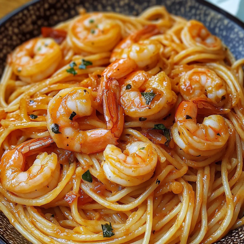 A plate of creamy garlic shrimp pasta with fresh parsley garnish.