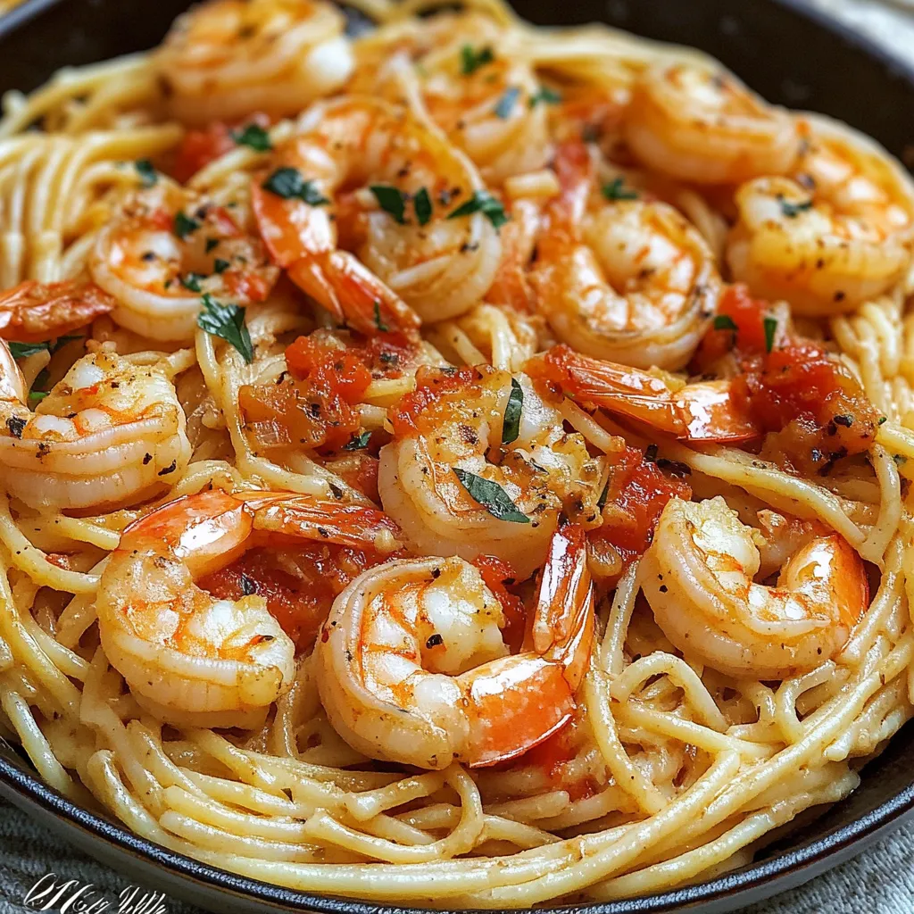 A plate of creamy garlic shrimp pasta with fresh parsley garnish.