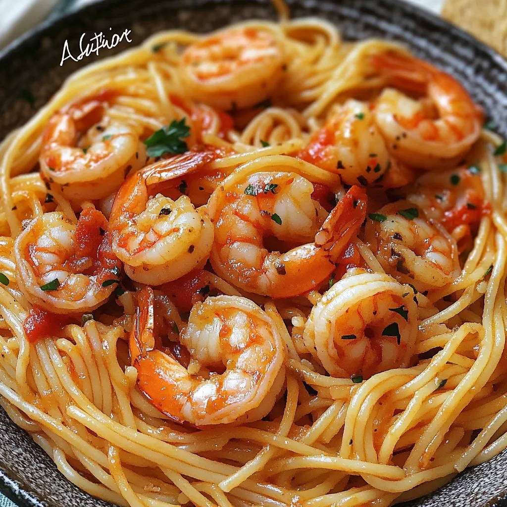 A plate of creamy garlic shrimp pasta with fresh parsley garnish.