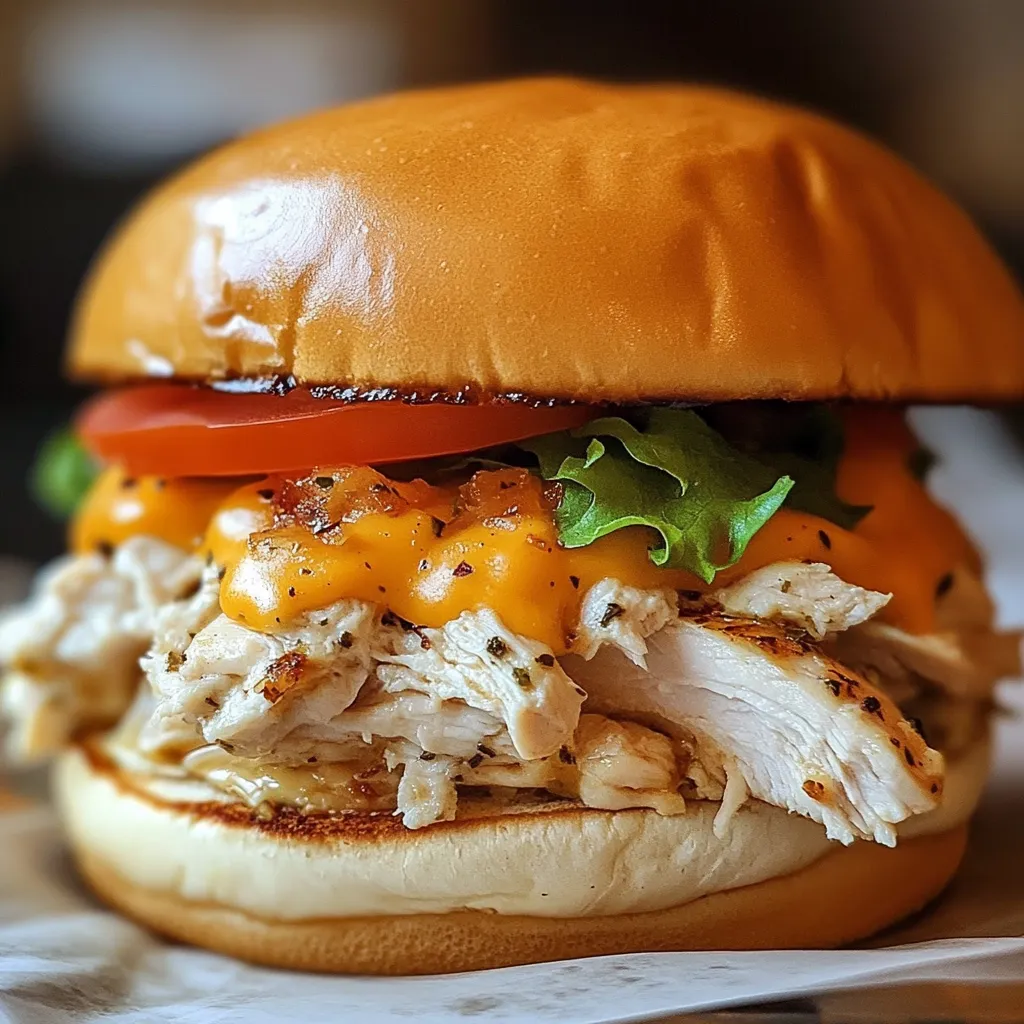 A plate with a creamy Crock Pot Ranch Chicken Sandwich on a brioche bun, topped with crispy bacon and green onions.