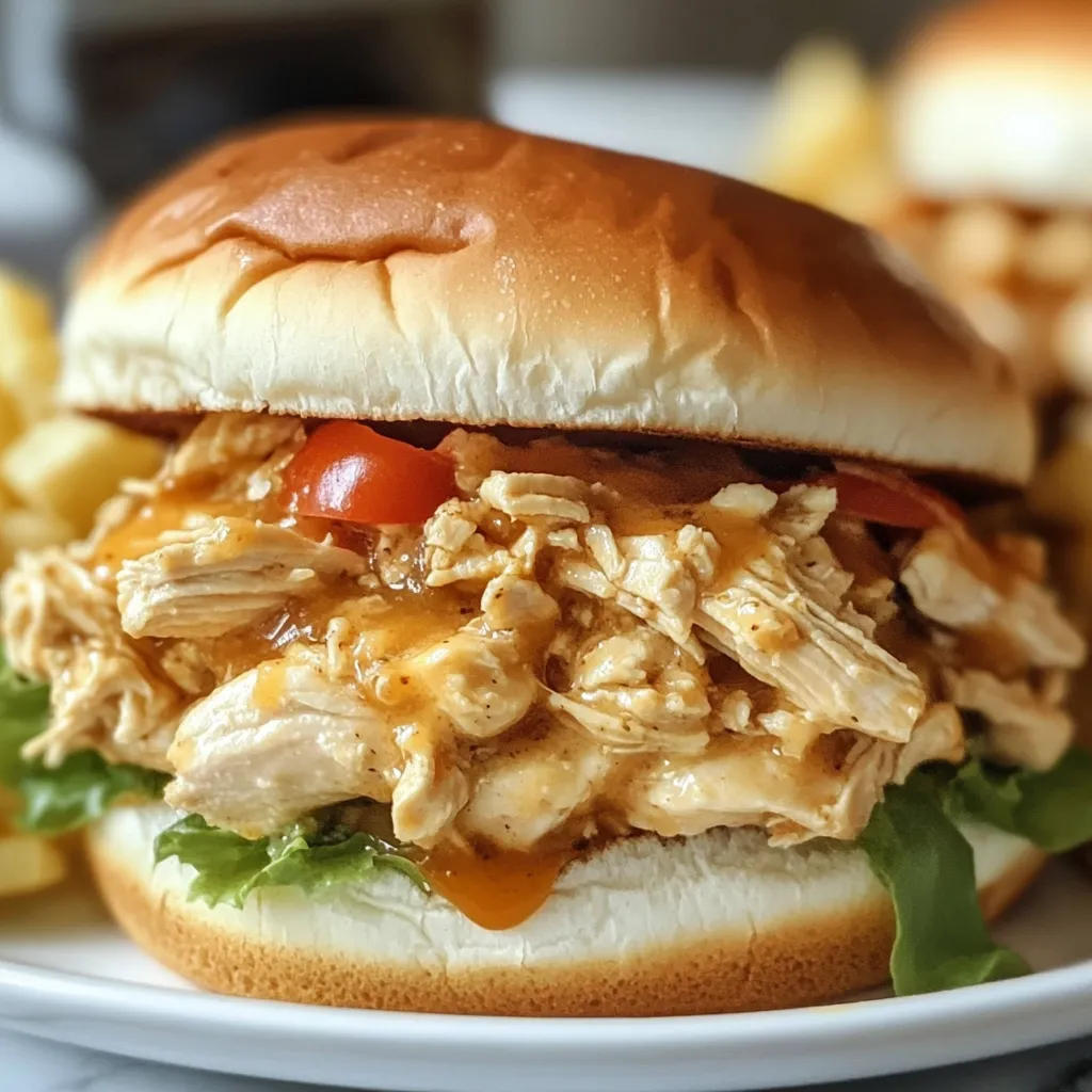 A plate with a creamy Crock Pot Ranch Chicken Sandwich on a brioche bun, topped with crispy bacon and green onions.