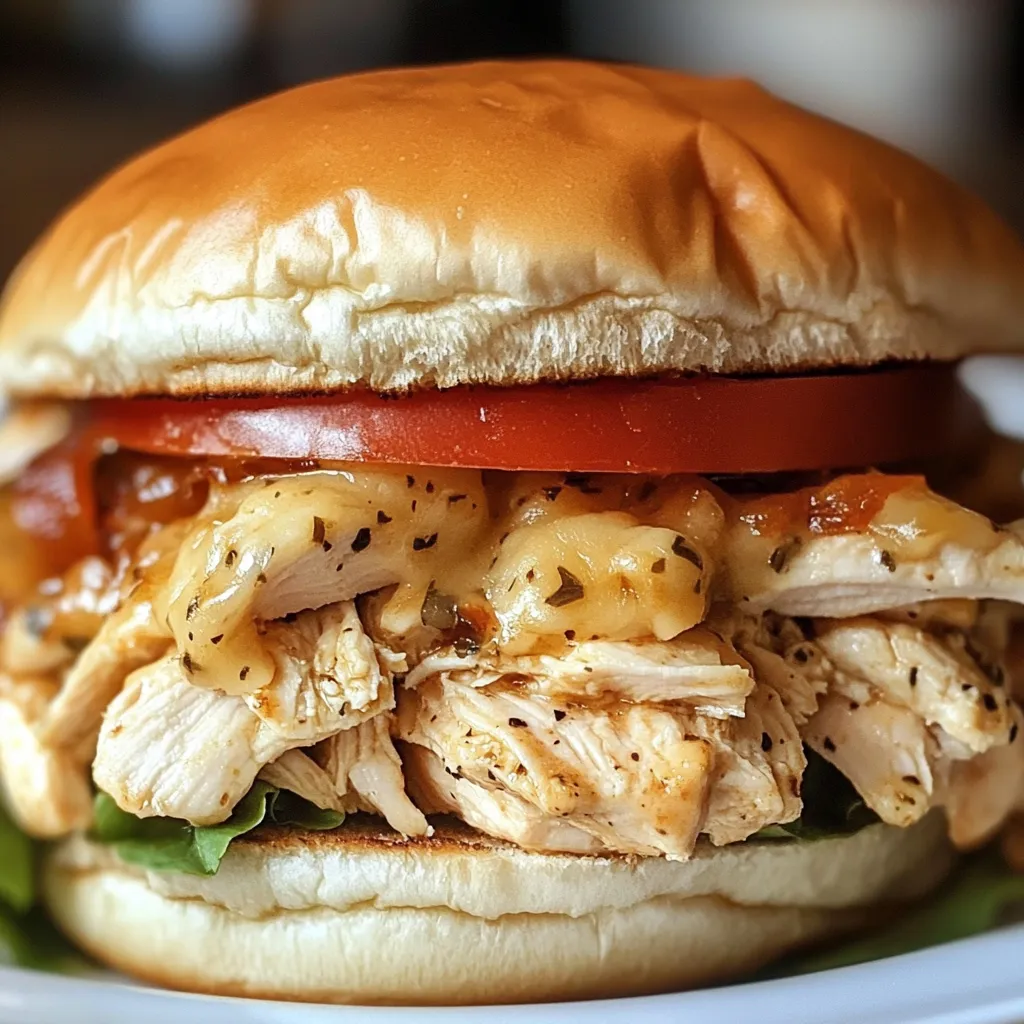 A plate with a creamy Crock Pot Ranch Chicken Sandwich on a brioche bun, topped with crispy bacon and green onions.