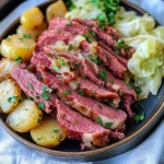 Tender crockpot corned beef and cabbage served with carrots, potatoes, and a rich broth.