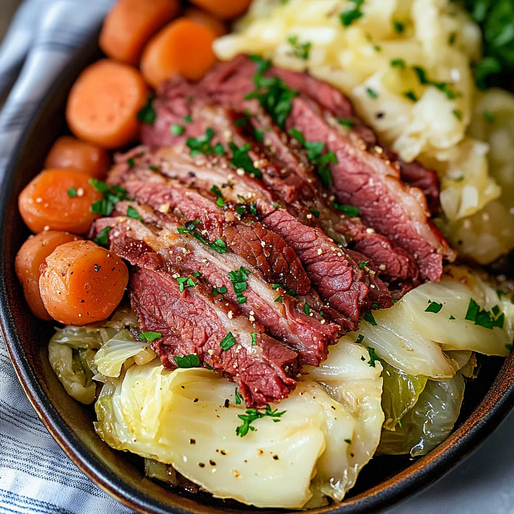 Tender crockpot corned beef and cabbage served with carrots, potatoes, and a rich broth.