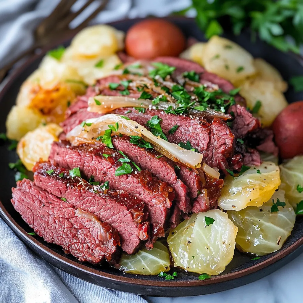 Tender crockpot corned beef and cabbage served with carrots, potatoes, and a rich broth.