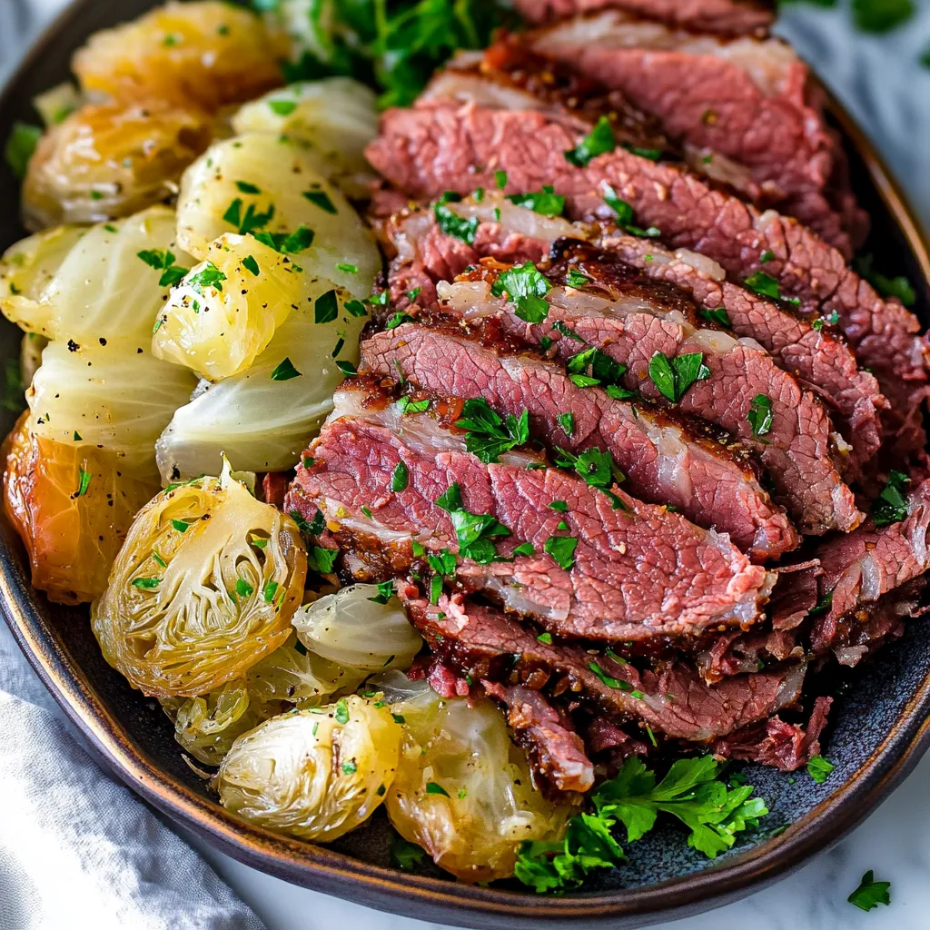 Tender crockpot corned beef and cabbage served with carrots, potatoes, and a rich broth.