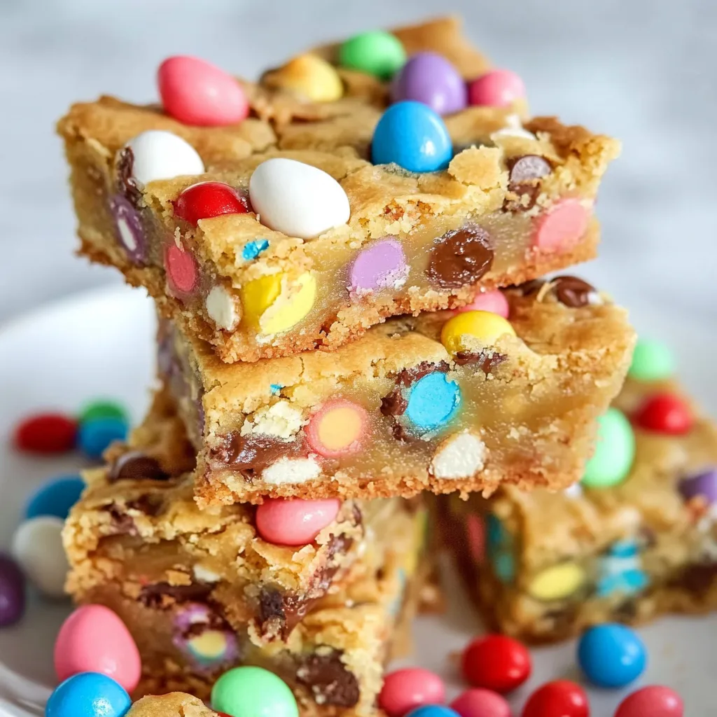 Soft and chewy Easter Cake Mix Cookie Bars, filled with pastel M&Ms and sprinkles, sliced into squares and served on a festive plate.