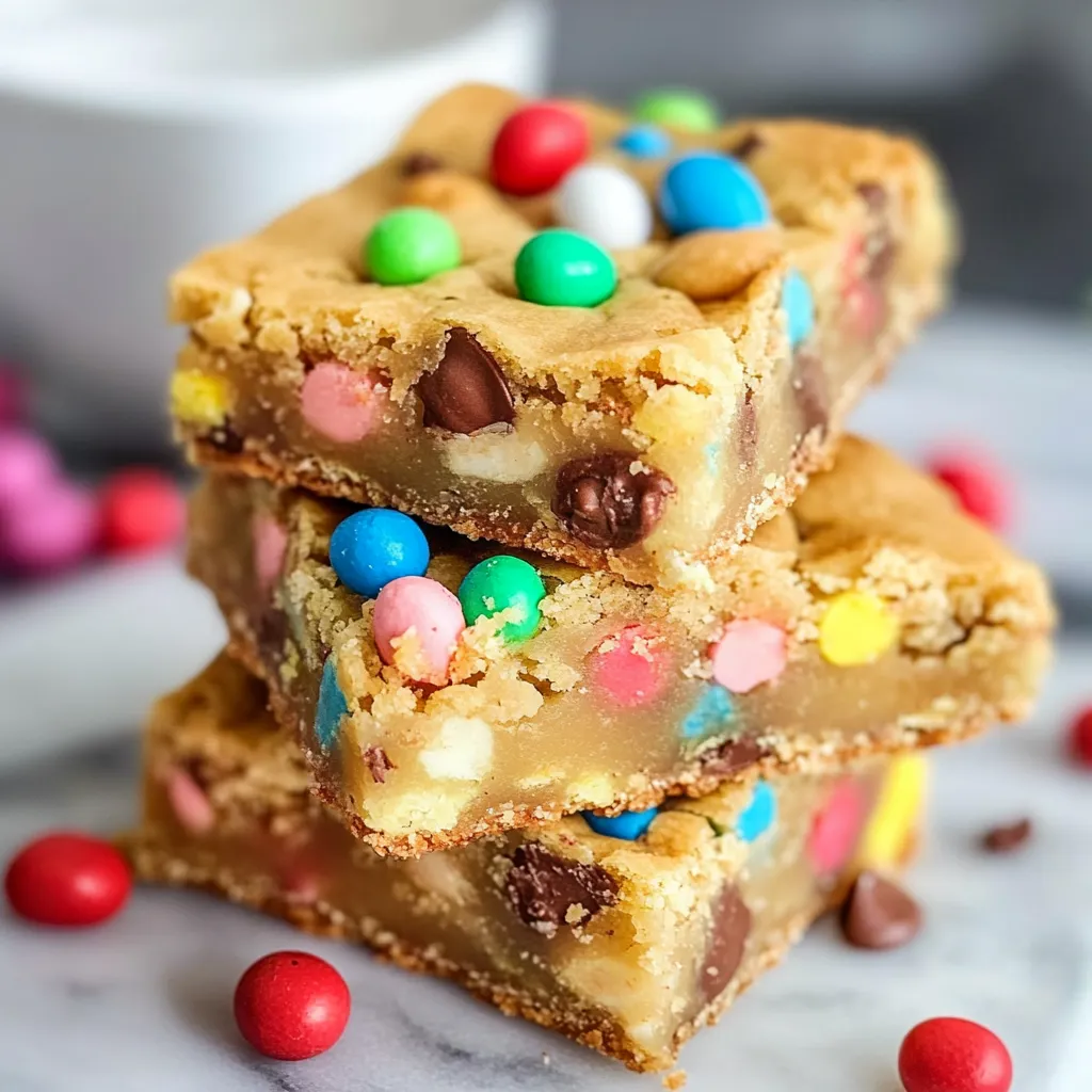 Soft and chewy Easter Cake Mix Cookie Bars, filled with pastel M&Ms and sprinkles, sliced into squares and served on a festive plate.