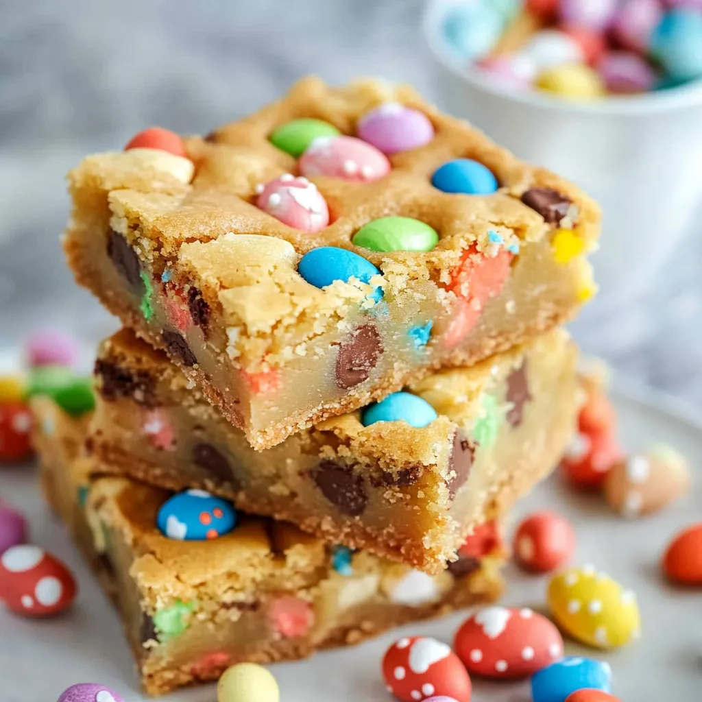 Soft and chewy Easter Cake Mix Cookie Bars, filled with pastel M&Ms and sprinkles, sliced into squares and served on a festive plate.