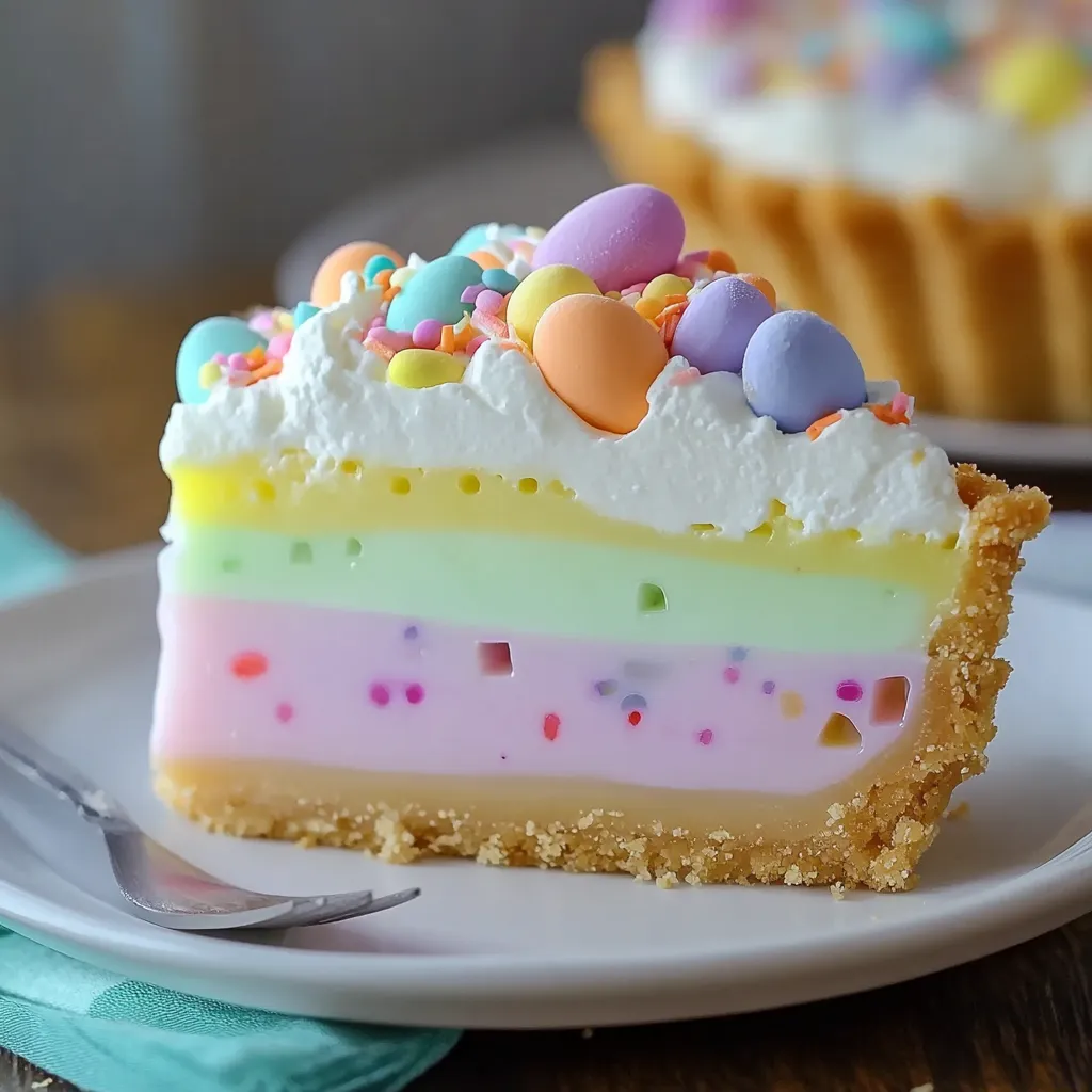 A vibrant Easter Jell-O Pie with pastel-colored layers, topped with whipped cream and festive sprinkles.