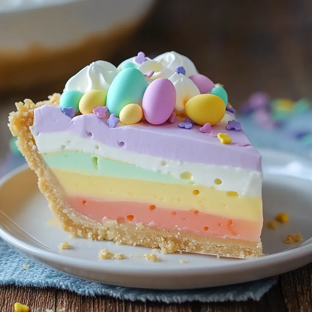 A vibrant Easter Jell-O Pie with pastel-colored layers, topped with whipped cream and festive sprinkles.