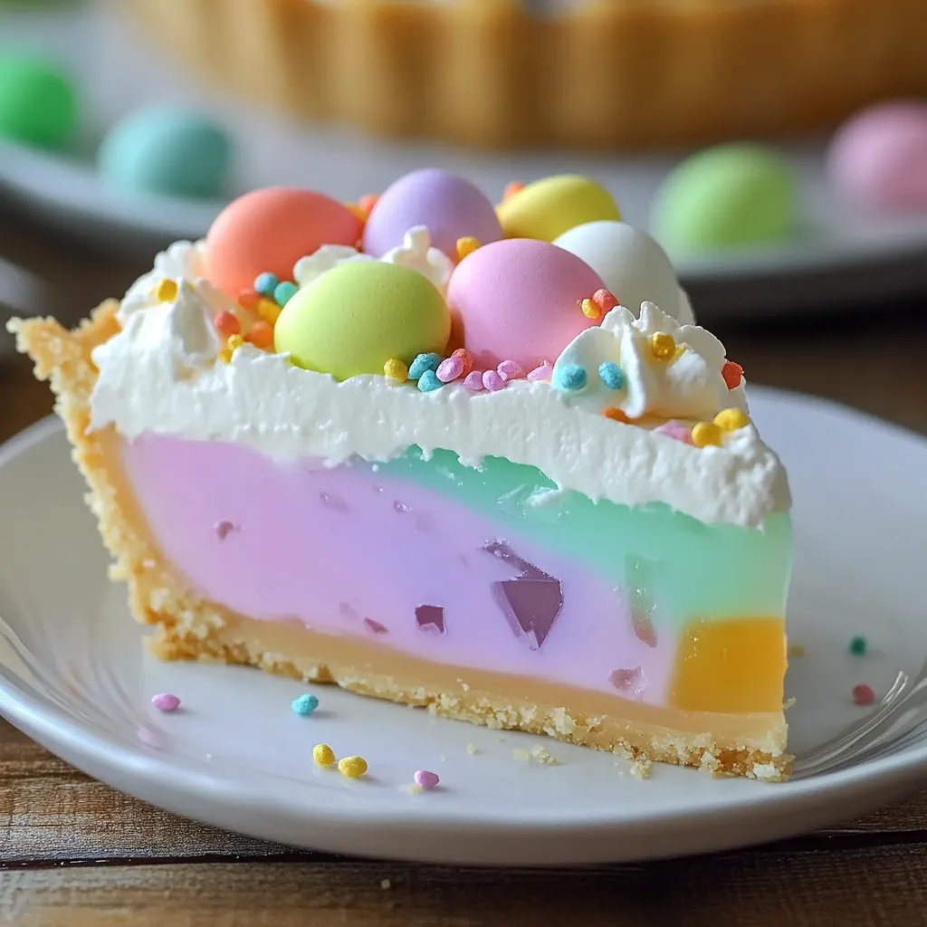 A vibrant Easter Jell-O Pie with pastel-colored layers, topped with whipped cream and festive sprinkles.