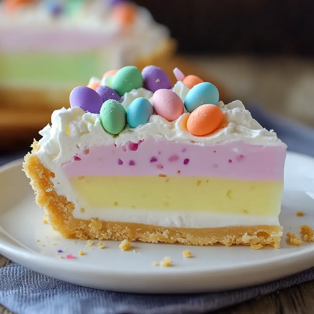 A vibrant Easter Jell-O Pie with pastel-colored layers, topped with whipped cream and festive sprinkles.