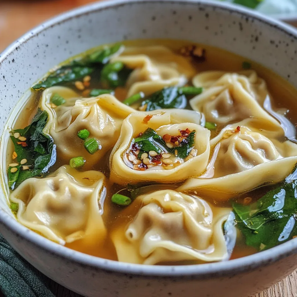 A bowl of homemade wonton soup with tender dumplings, a rich golden broth, and fresh green onions, served in a white bowl.