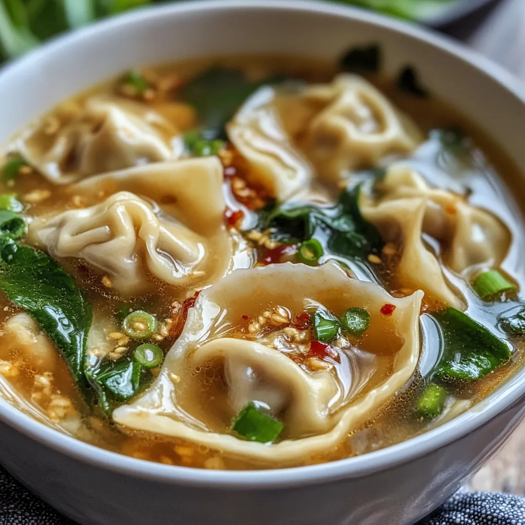 A bowl of homemade wonton soup with tender dumplings, a rich golden broth, and fresh green onions, served in a white bowl.