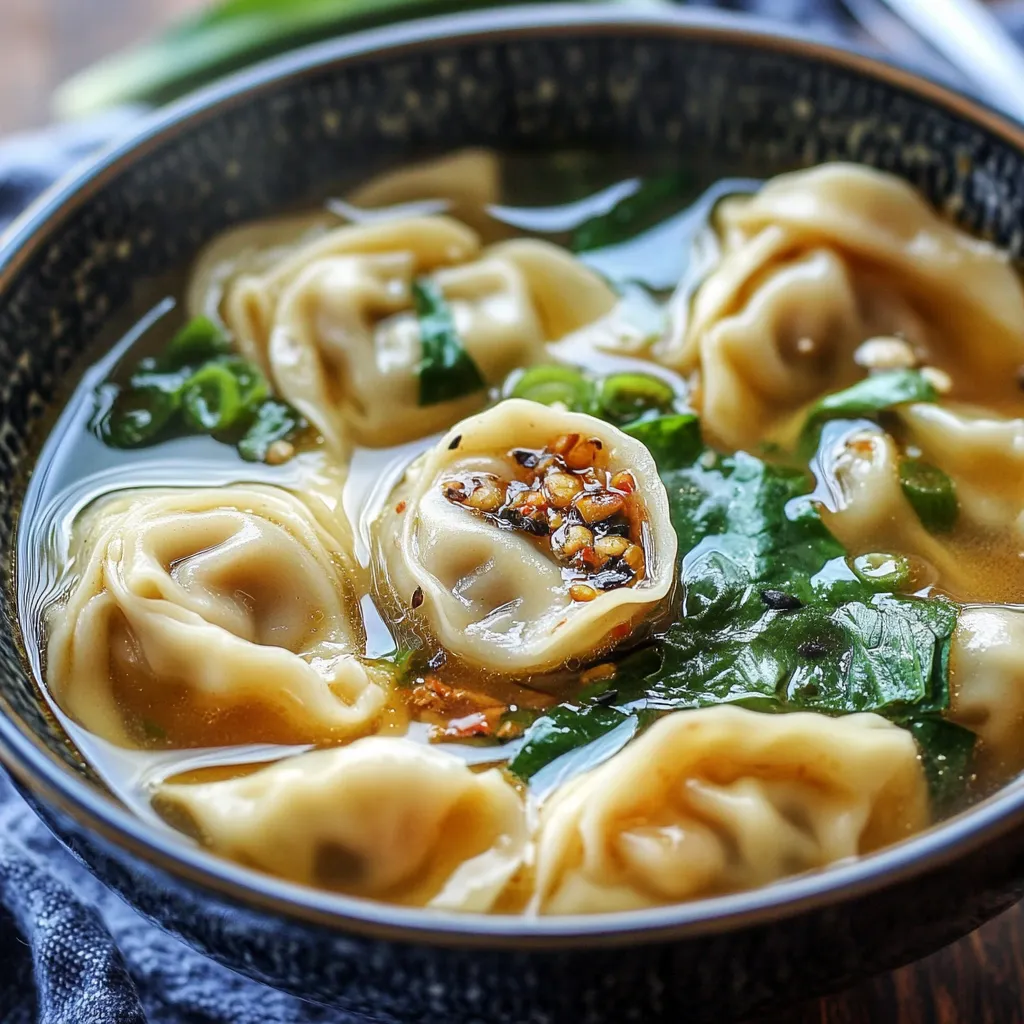 A bowl of homemade wonton soup with tender dumplings, a rich golden broth, and fresh green onions, served in a white bowl.