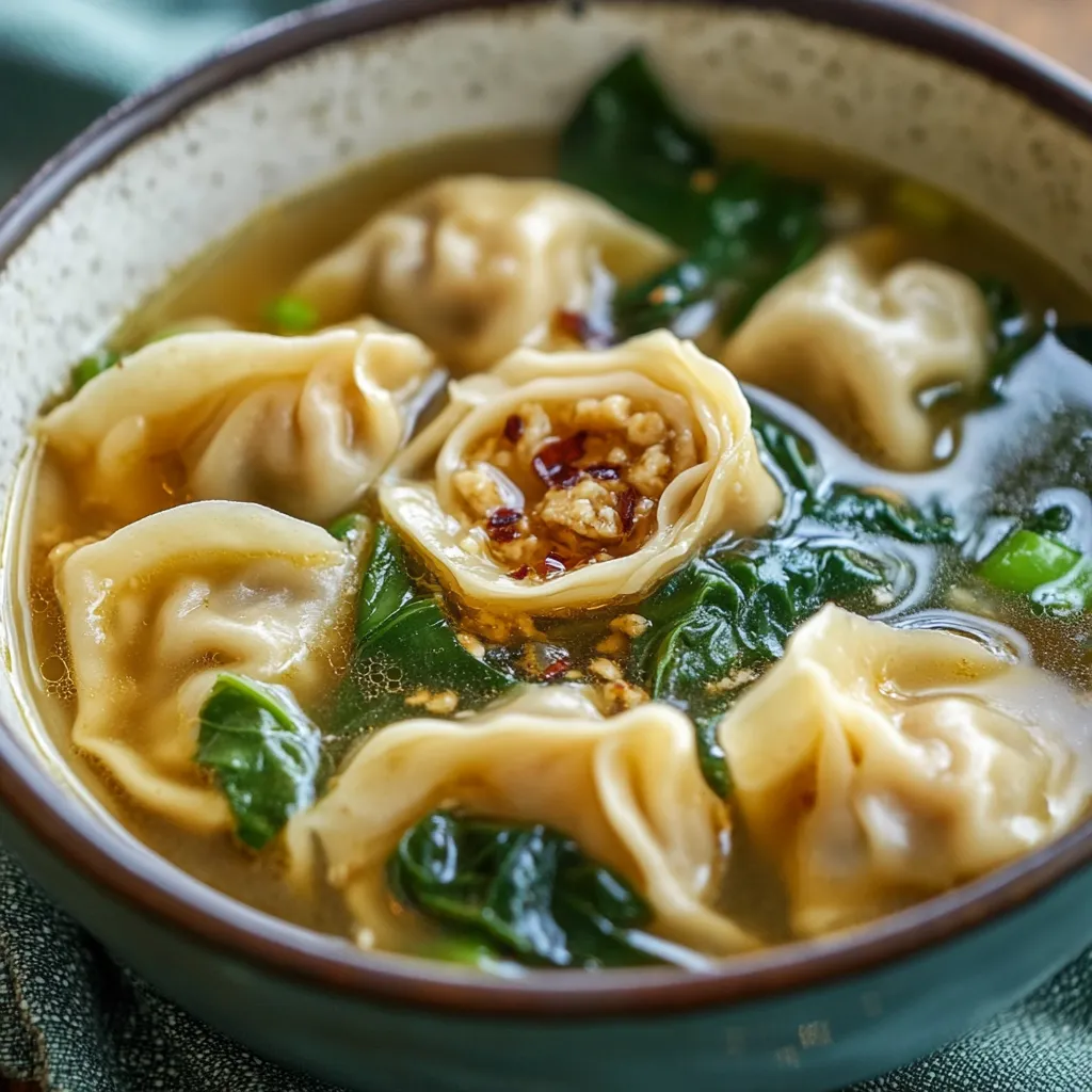 A bowl of homemade wonton soup with tender dumplings, a rich golden broth, and fresh green onions, served in a white bowl.