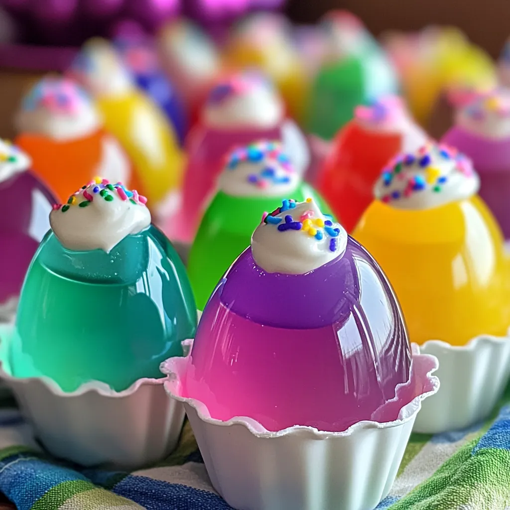 Festive egg-shaped jello shots in bright colors, topped with whipped cream and sprinkles, arranged on a white serving platter.