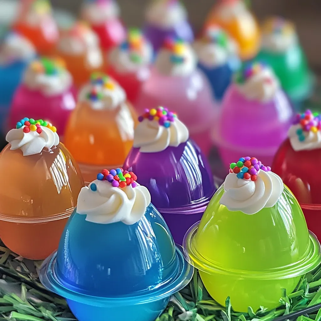 Festive egg-shaped jello shots in bright colors, topped with whipped cream and sprinkles, arranged on a white serving platter.

