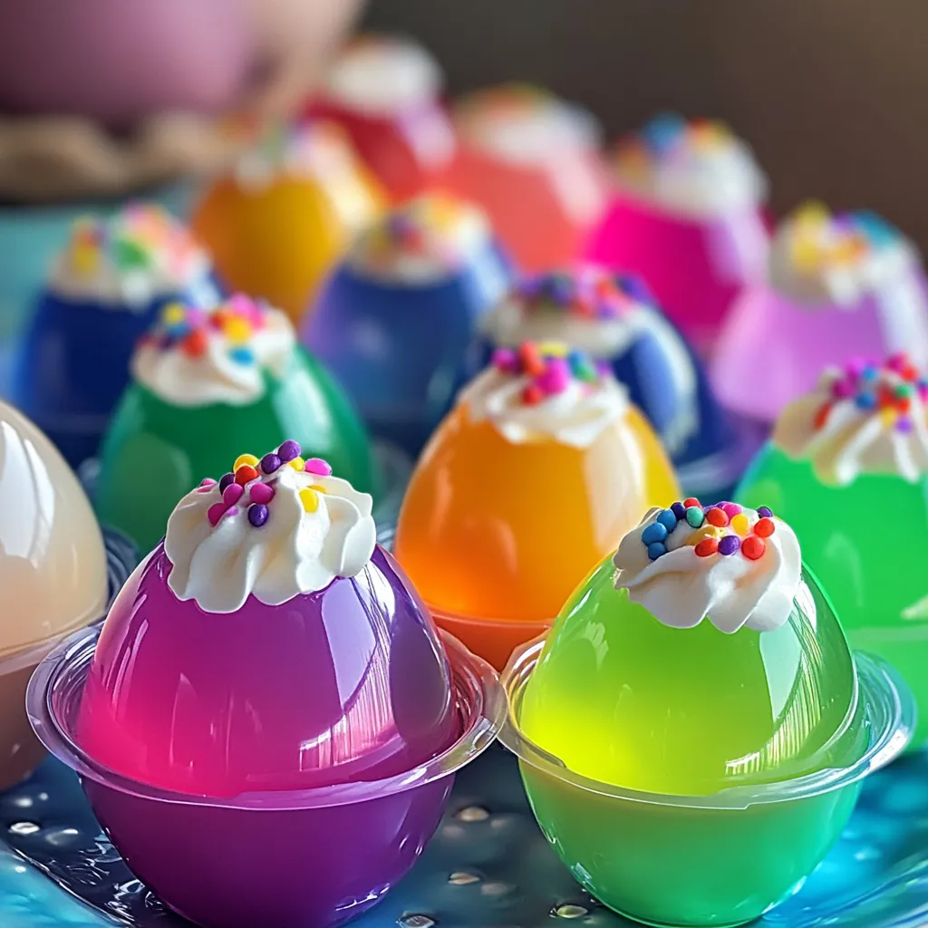 Festive egg-shaped jello shots in bright colors, topped with whipped cream and sprinkles, arranged on a white serving platter.

