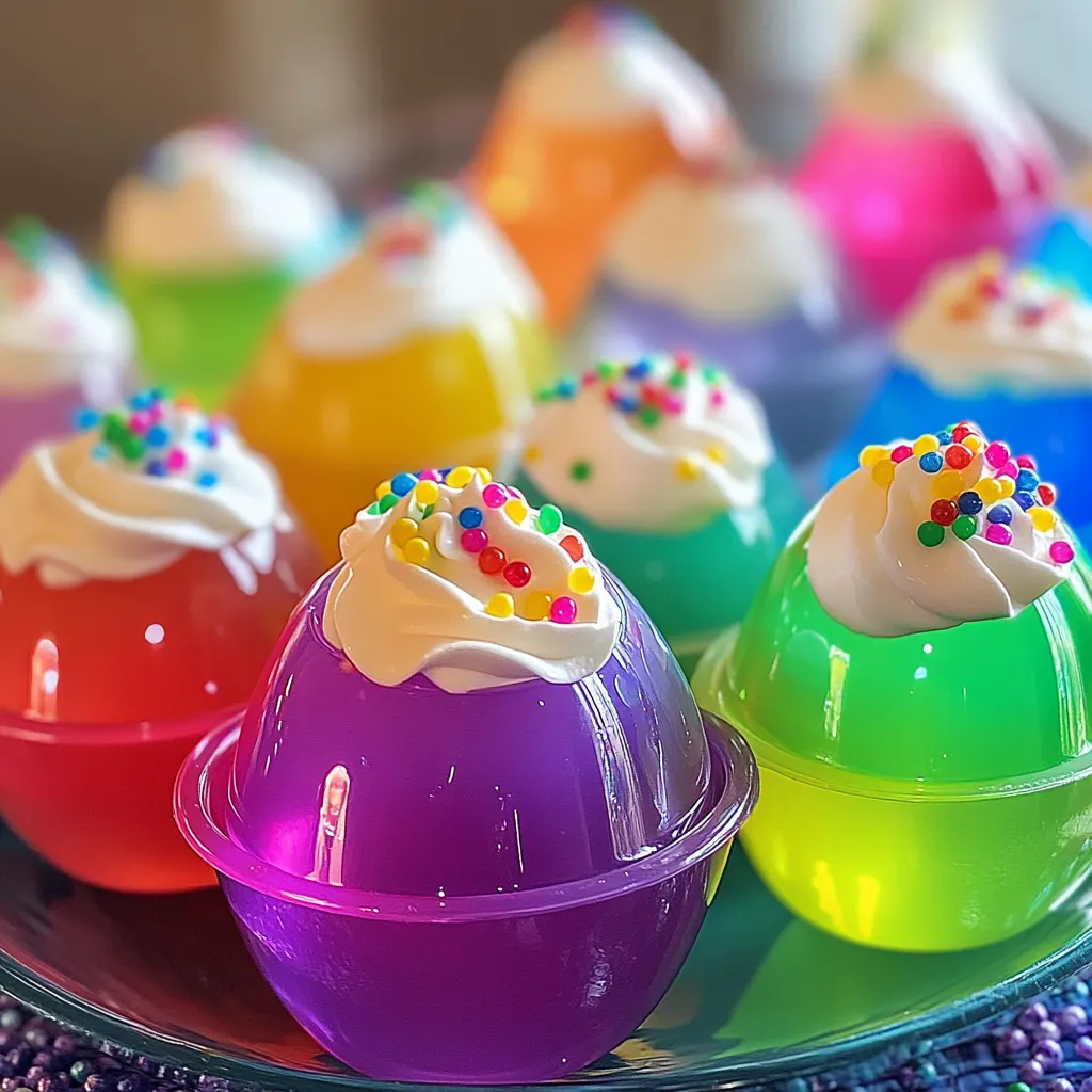 Festive egg-shaped jello shots in bright colors, topped with whipped cream and sprinkles, arranged on a white serving platter.

