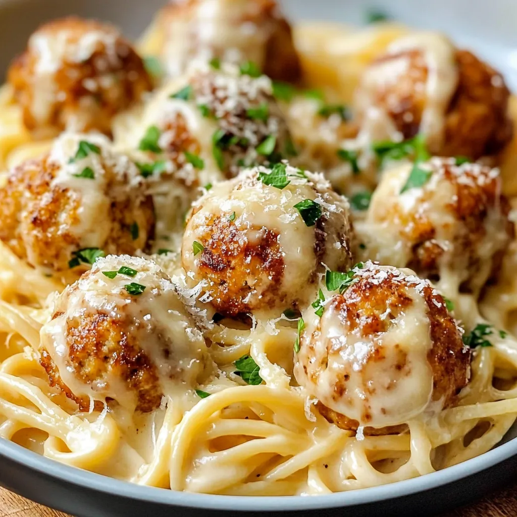 A plate of creamy Parmesan pasta topped with golden garlic butter chicken balls.