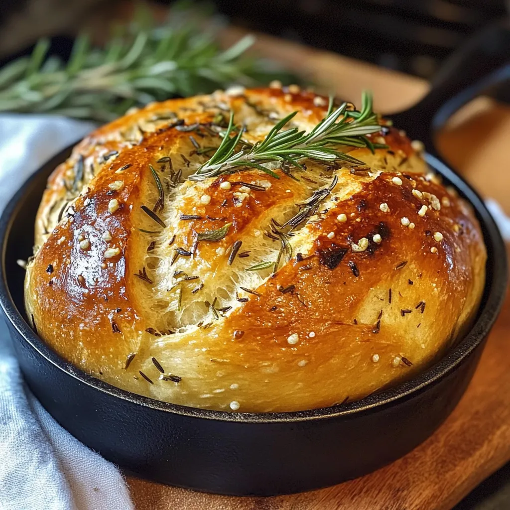 Freshly baked rustic no-knead rosemary garlic bread on a wooden cutting board with a golden crust.