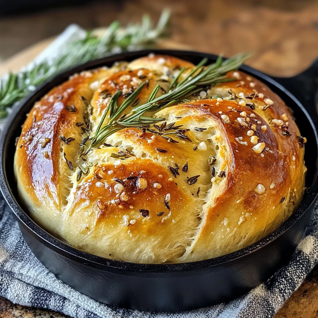 Freshly baked rustic no-knead rosemary garlic bread on a wooden cutting board with a golden crust.