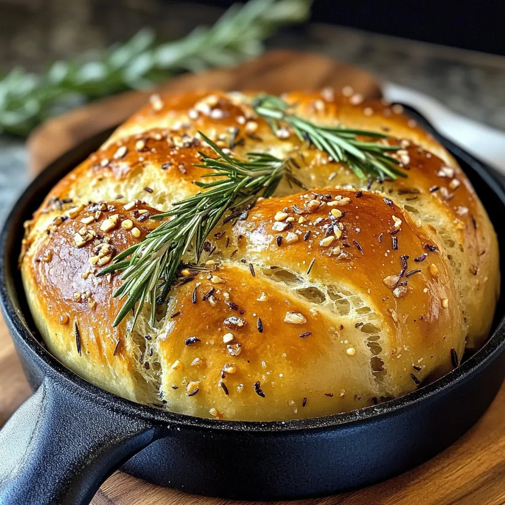 Freshly baked rustic no-knead rosemary garlic bread on a wooden cutting board with a golden crust.