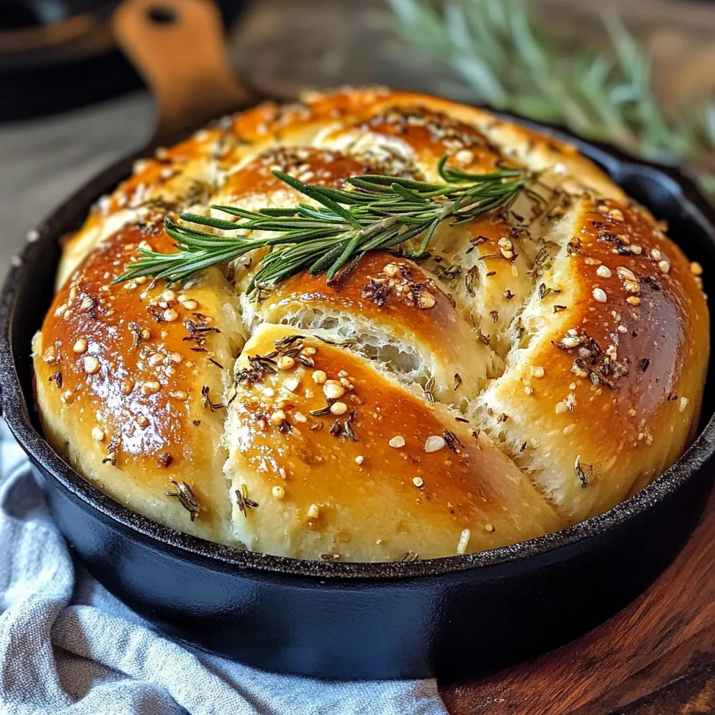 Freshly baked rustic no-knead rosemary garlic bread on a wooden cutting board with a golden crust.