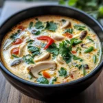 Bowl of authentic Tom Kha Gai Soup with creamy coconut broth, chicken, mushrooms, and Thai herbs, garnished with fresh cilantro and lime.