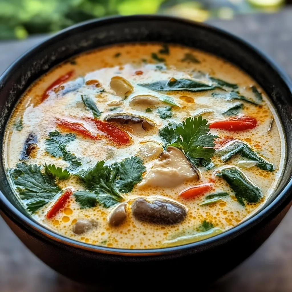 Bowl of authentic Tom Kha Gai Soup with creamy coconut broth, chicken, mushrooms, and Thai herbs, garnished with fresh cilantro and lime.

