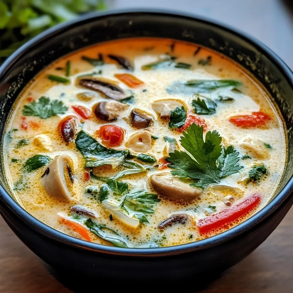 Bowl of authentic Tom Kha Gai Soup with creamy coconut broth, chicken, mushrooms, and Thai herbs, garnished with fresh cilantro and lime.

