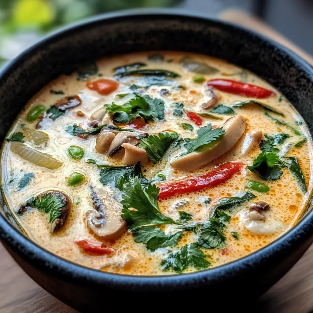 Bowl of authentic Tom Kha Gai Soup with creamy coconut broth, chicken, mushrooms, and Thai herbs, garnished with fresh cilantro and lime.