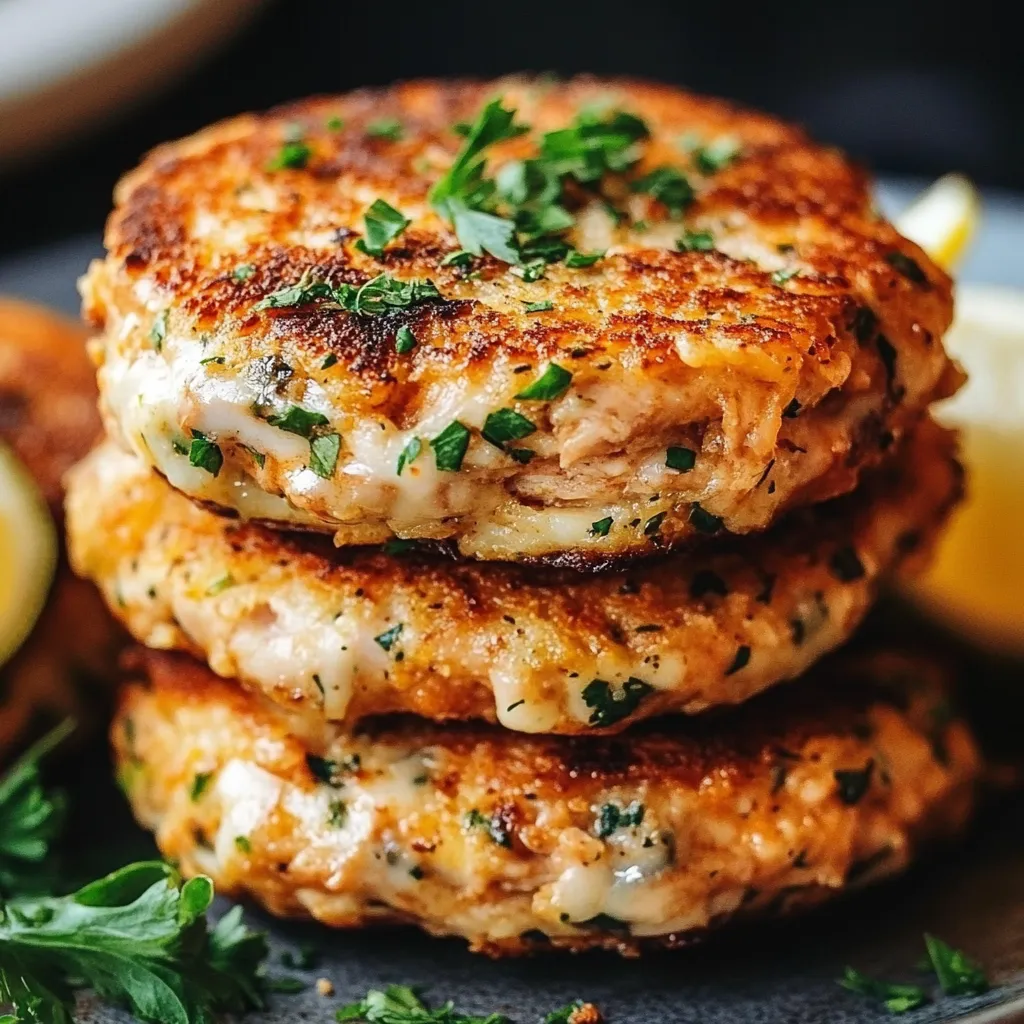 Crispy golden Tuna Melt Patties served on a plate with a side of salad.