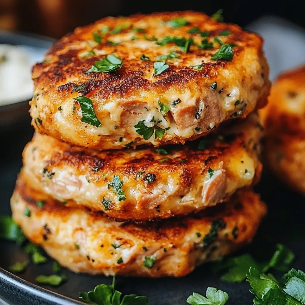 Crispy golden Tuna Melt Patties served on a plate with a side of salad.