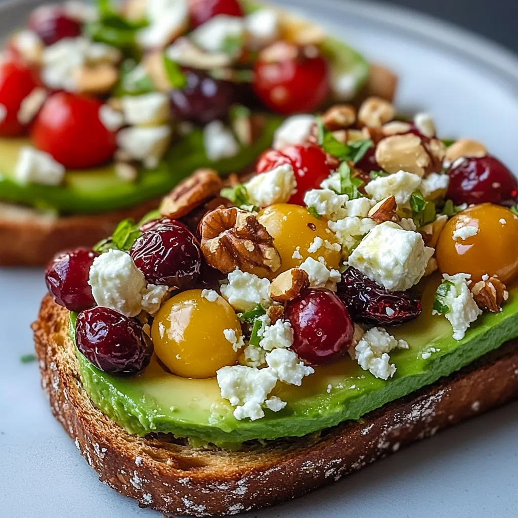 Avocado toast topped with feta cheese, cherry tomatoes, cranberries, and chopped walnuts on rustic sourdough bread.