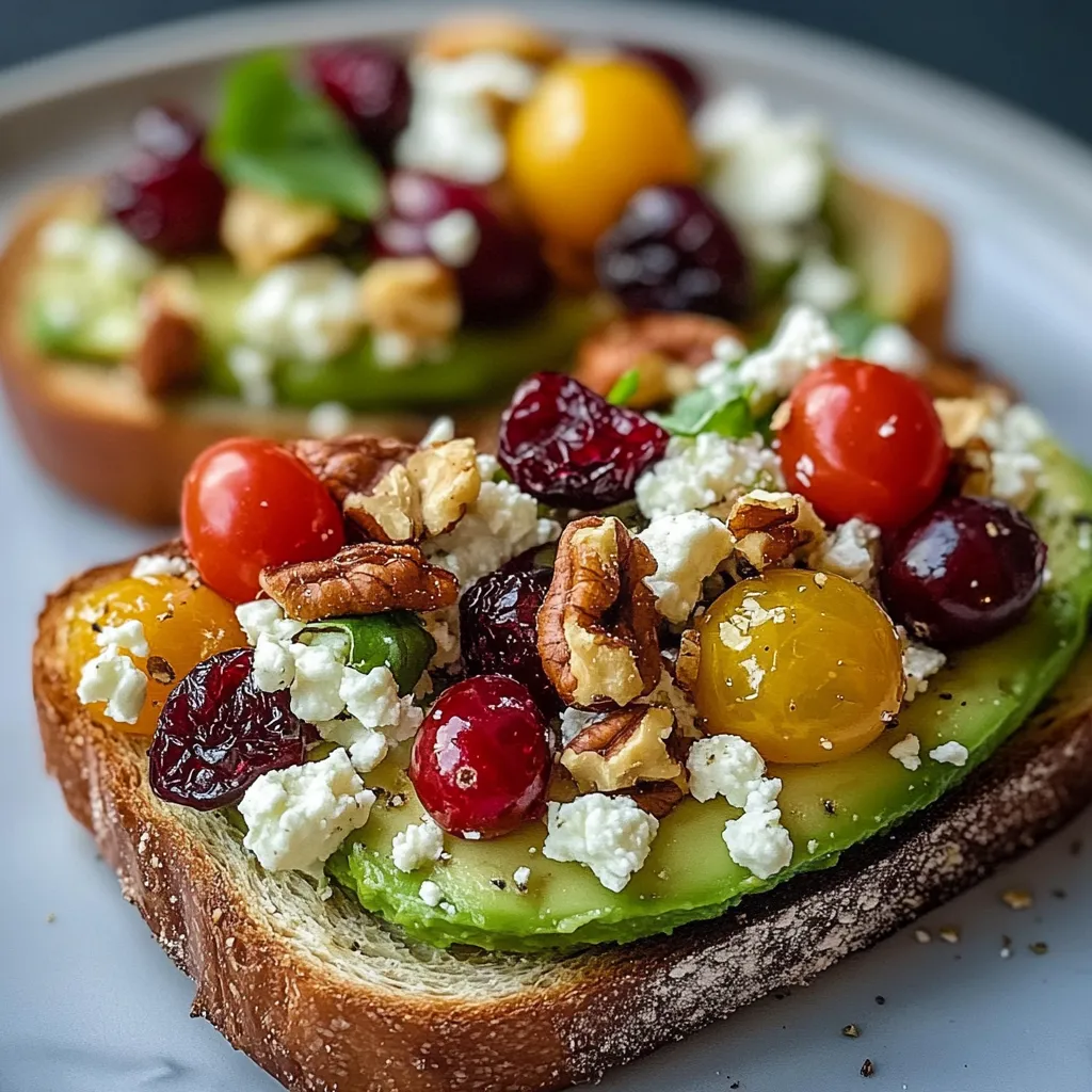 Avocado toast topped with feta cheese, cherry tomatoes, cranberries, and chopped walnuts on rustic sourdough bread.