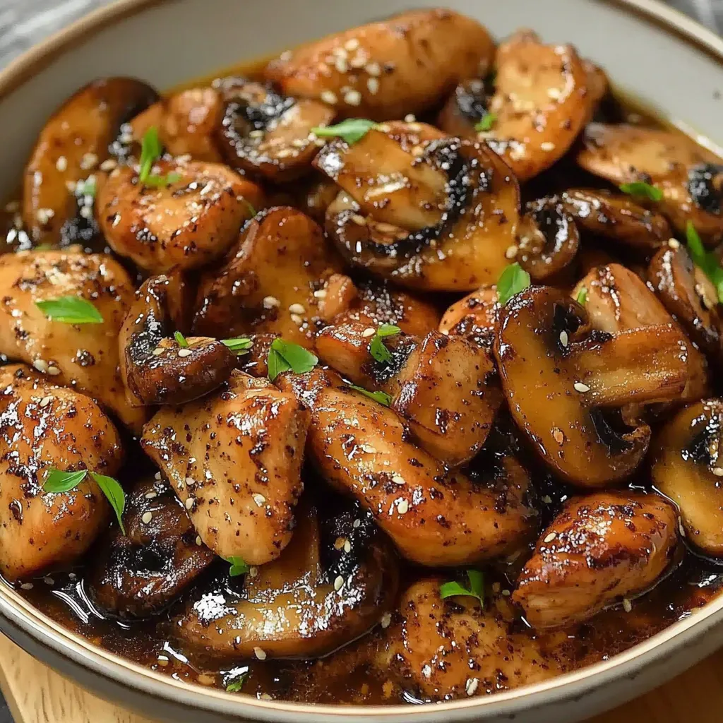 Plate of Black Pepper Chicken with Mushrooms served with rice
