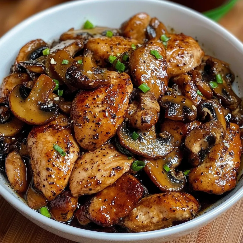 Plate of Black Pepper Chicken with Mushrooms served with rice