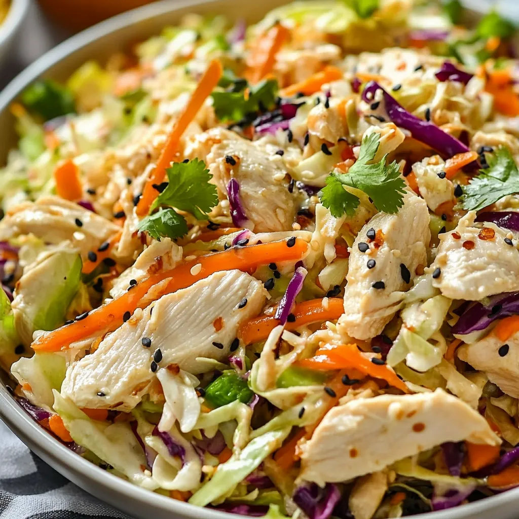 Freshly tossed Chicken Coleslaw Salad topped with sesame seeds and red cabbage